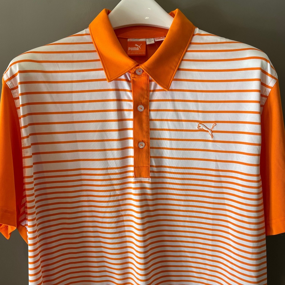 Puma Mens XXL Orange White Striped Golf Polo Shirt Short Sleeve Sportlifestyle